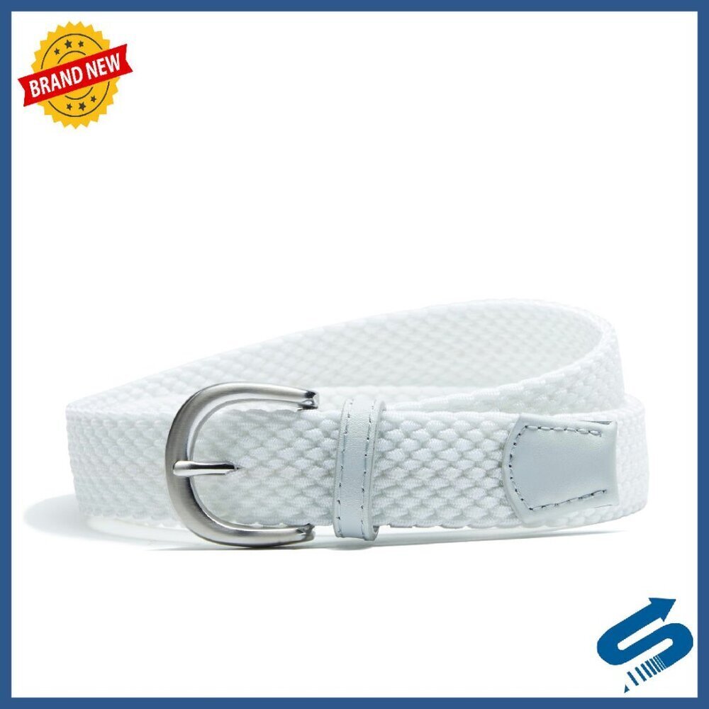 Stretch Woven Braided Belt with Leather Trim & Nickel Buckle
